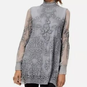Soft Surroundings 100% Silk Gray Embroidered Lace Chiffon Tunic Size X-Small